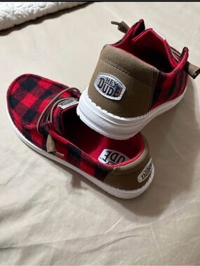 New Hey Dude Red and Black Buffalo Plaid Slip-On with Brown Accents